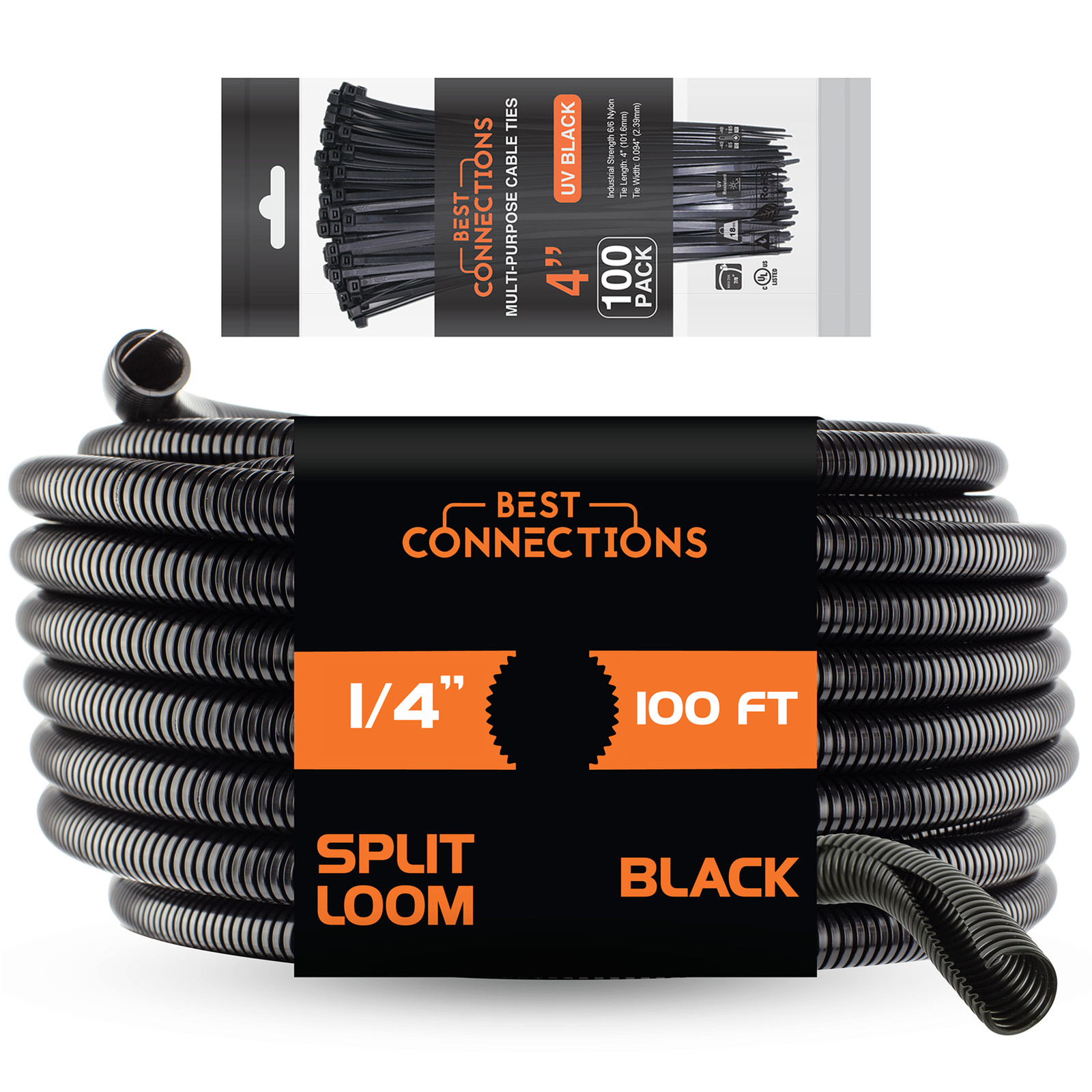 100 Ft 1/4″ Split Wire Loom Tubing – 100 Pcs 4″ Nylon Zip Ties Combo (Black)