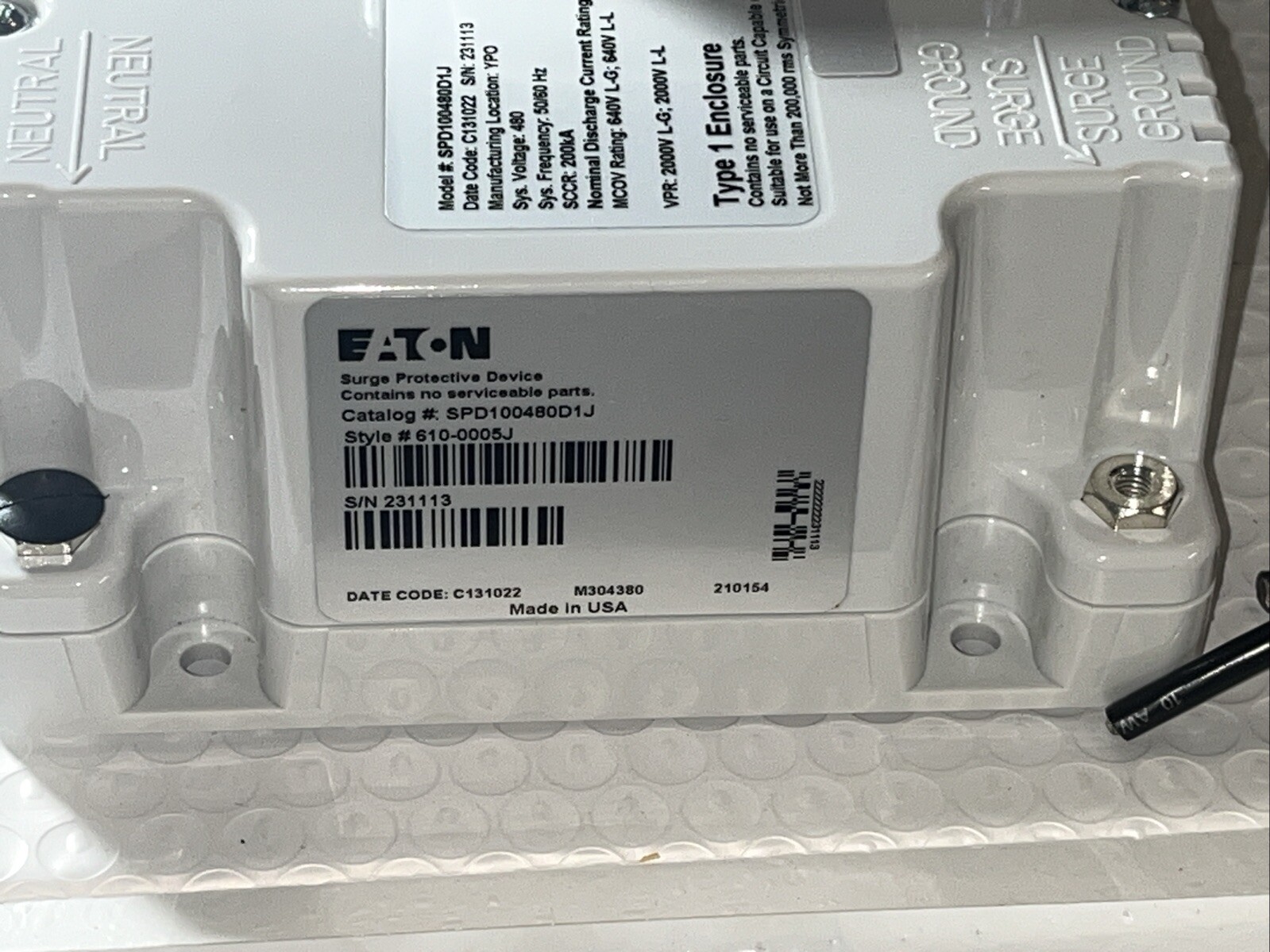 EATON SPD100480D1J SPD SERIES SURGE PROTECTIVE DEVICE SCCR:200kA, 480V60H 100kA