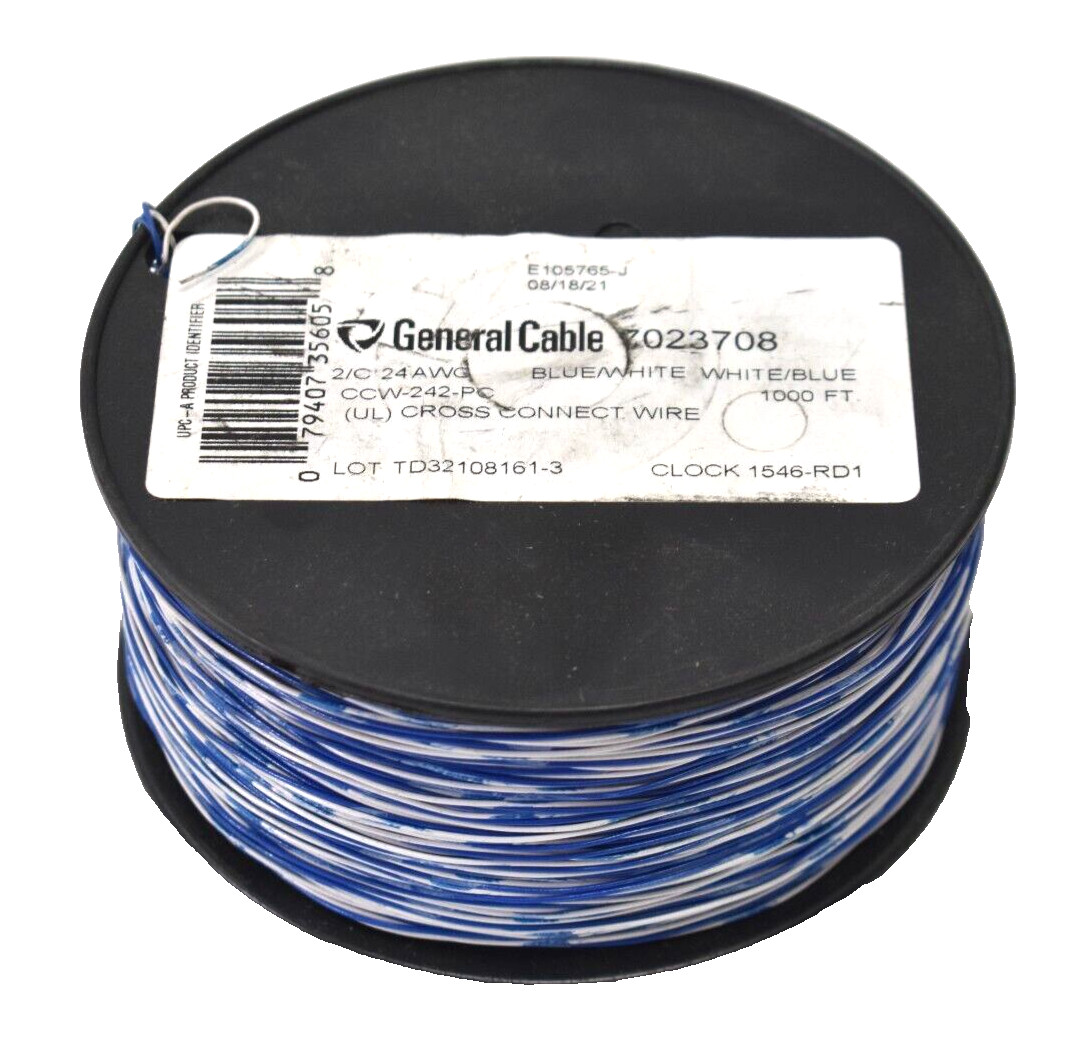 General Cable Cross Connect Wire 24 AWG BL/WH 1000′ Reel Cable Spool White/Blue