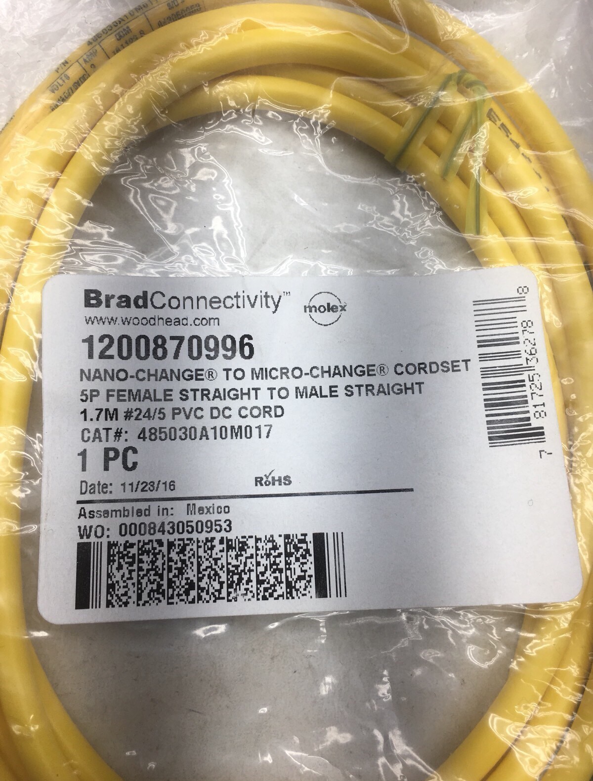 New Sealed Brad Connectivity WoodHead Nano-Change to Micro-Change Cordset Cable