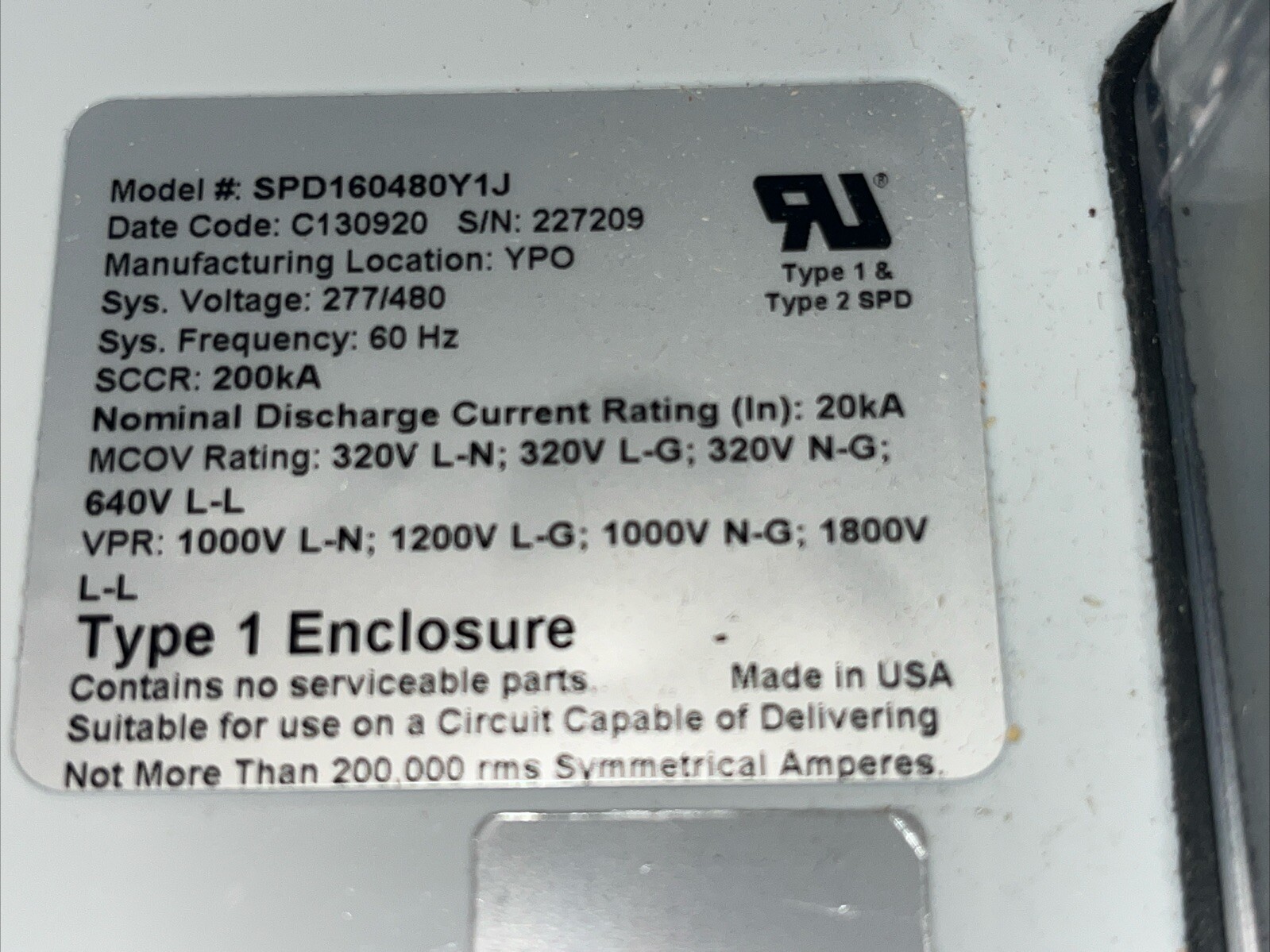EATON SPD160480Y1J SPD SERIES SURGE PROTECTIVE DEVICE SCCR:200kA, 277/480V 60Hz