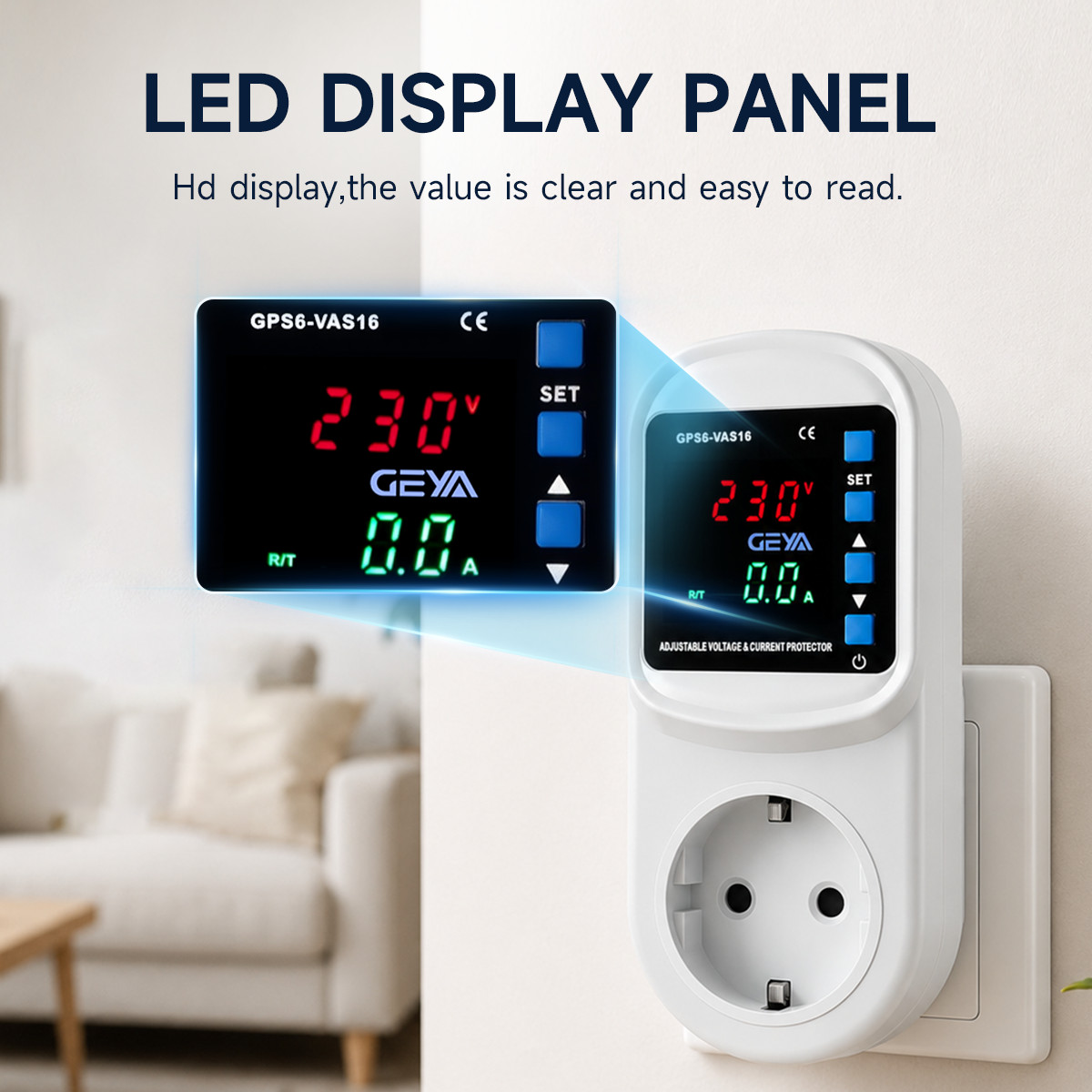 GEYA Over&Under Voltage Current Surge Protector Socket 16A AC220V EU Plug Socket