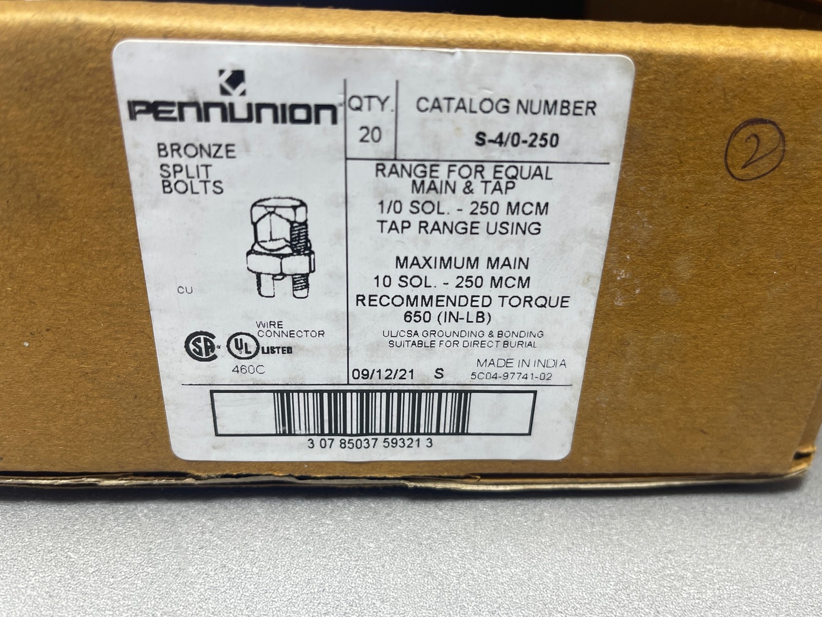 20x Lot PennUnion Mechanical Lugs 1-Wire 1-Hole S-4/0-250 1/0Sol 250MCM