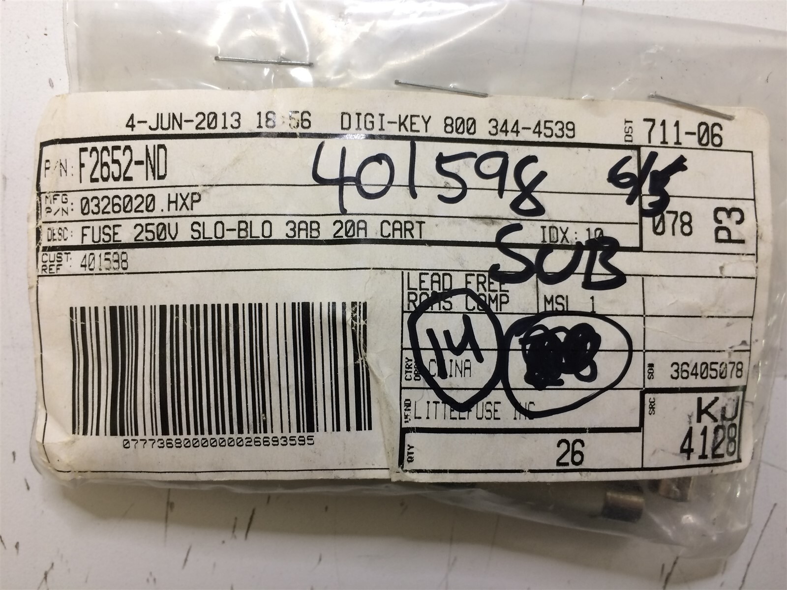 0326020.HXP LF FUSE CERM 20A 250VAC 60VDC 3AB ROHS 7 PIECES