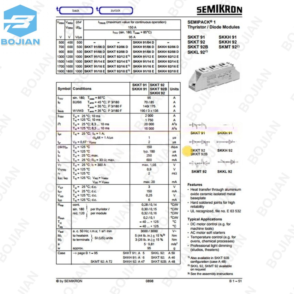 1PCS Brand New SEMIKRON Module SKKT92/16E SKKT92-16E Quality Assurance 100% New