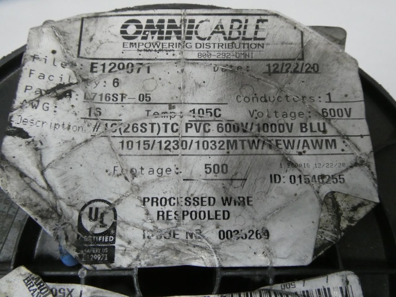Omni Cable L716ST-05 26st Tc Pvc Blue Wire 600/1000v 16awg 500ft