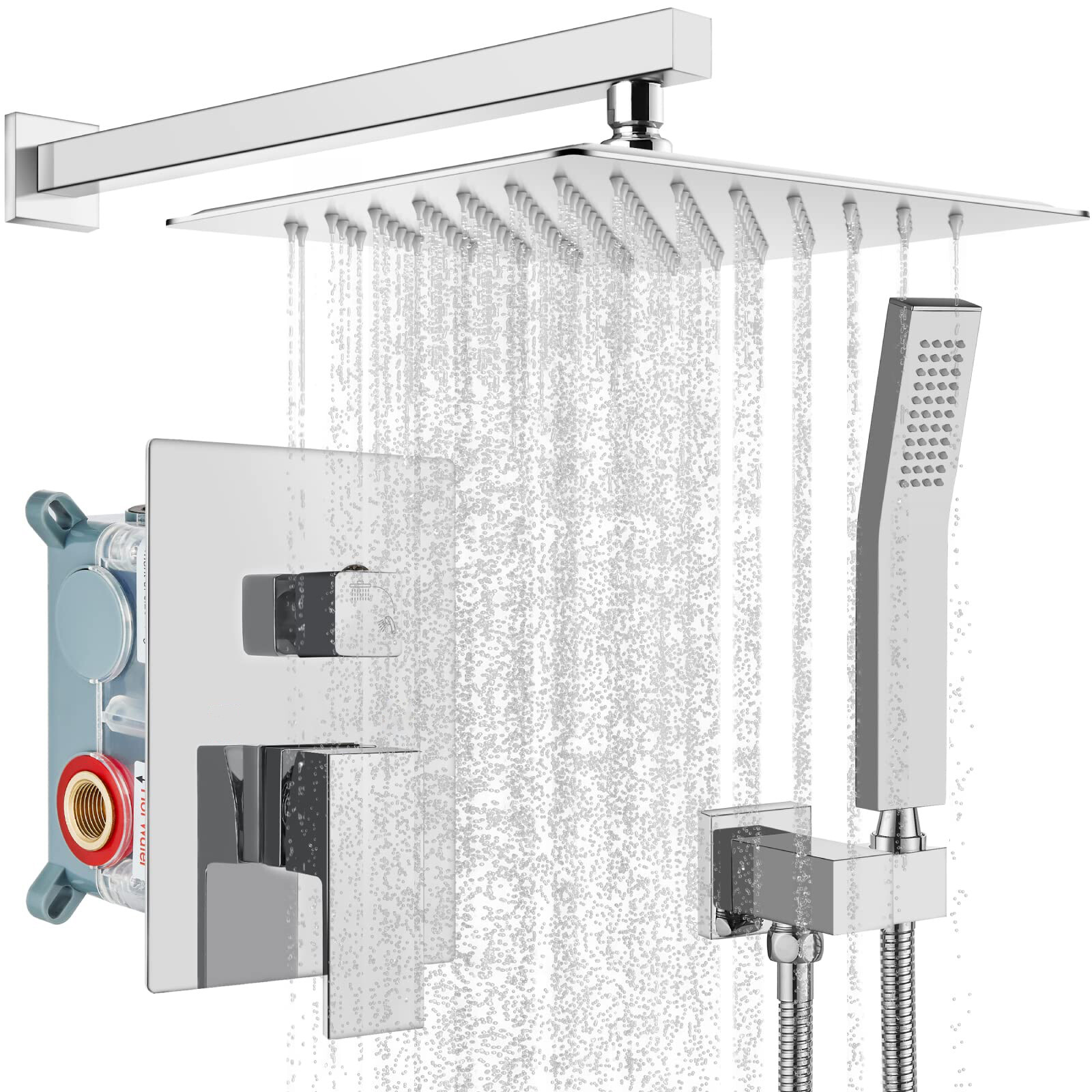 Shower Faucet Set System Rainfall Shower Head Combo w/Mixer Valve Kit Wall Mount