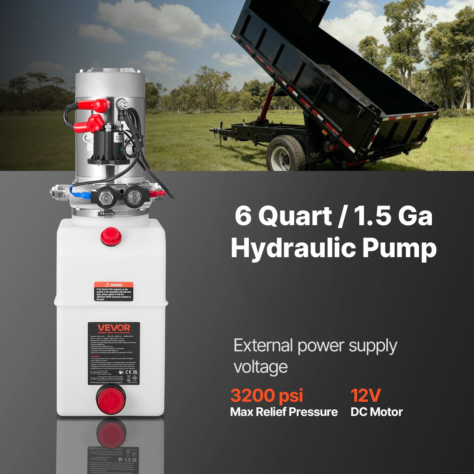 6 Quart 12V Double Acting Hydraulic Power Unit Dump Trailer Pump White