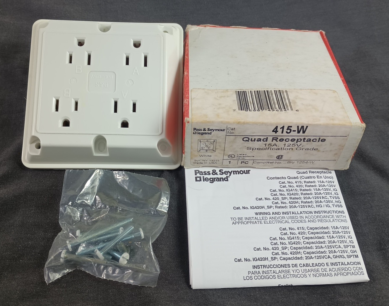 LEGRAND Pass & Seymour Quad Receptacle 415-W 15A 125V NEW NOS Made in USA