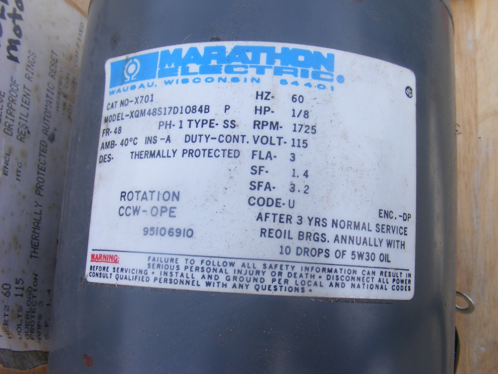 Marathon xqm48517d1084b 1/8HP Electric Motor 1725RPM 115v
