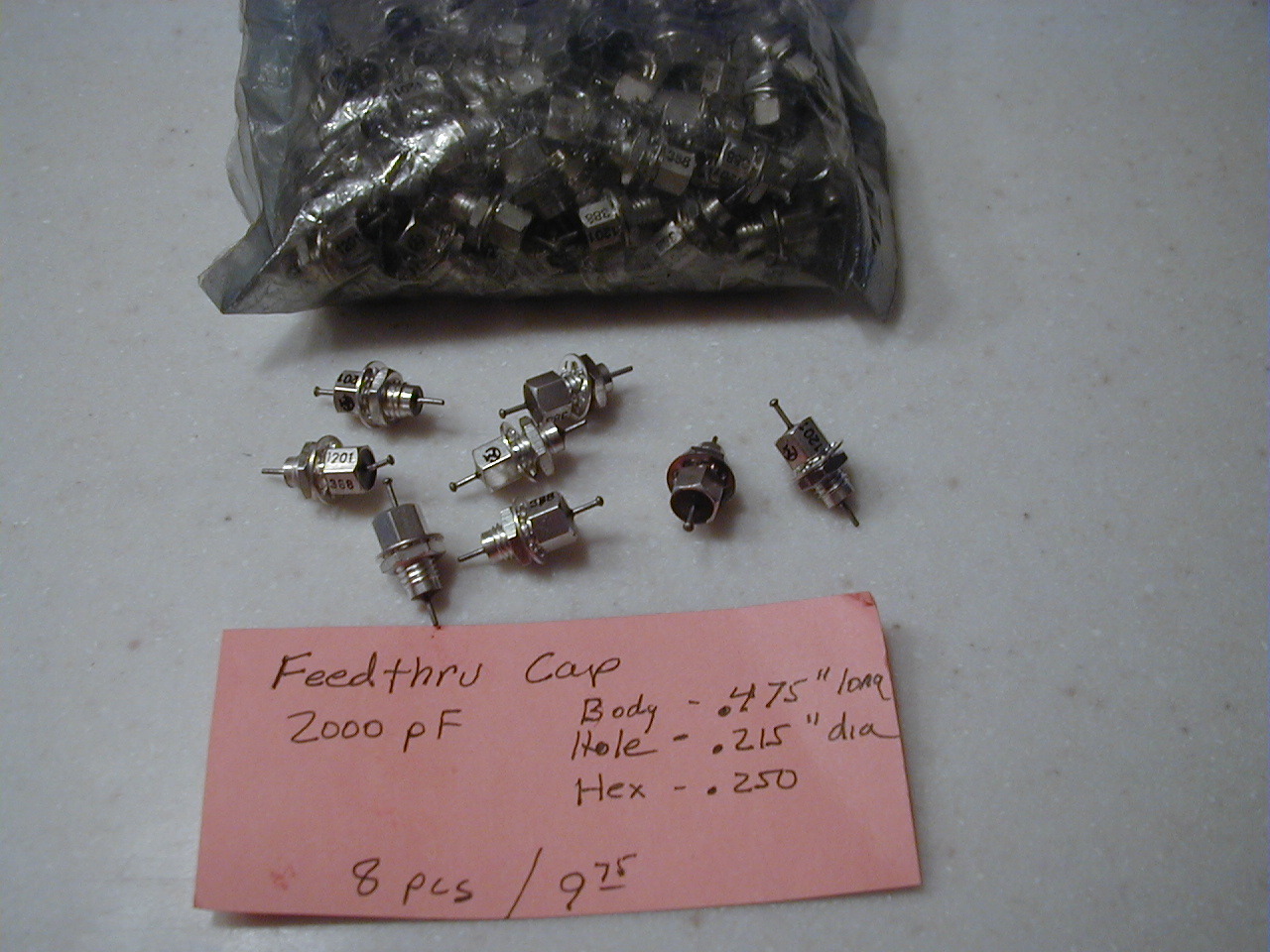 FT-1 2000 pF Feedthru Caps, threaded w/ H/W, 8 pcs. NICE!! NOS