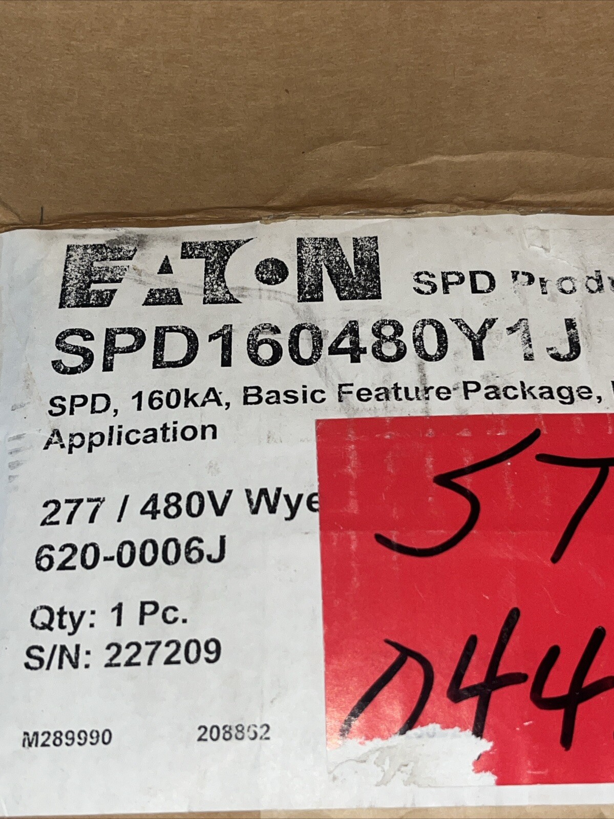 EATON SPD160480Y1J SPD SERIES SURGE PROTECTIVE DEVICE SCCR:200kA, 277/480V 60Hz