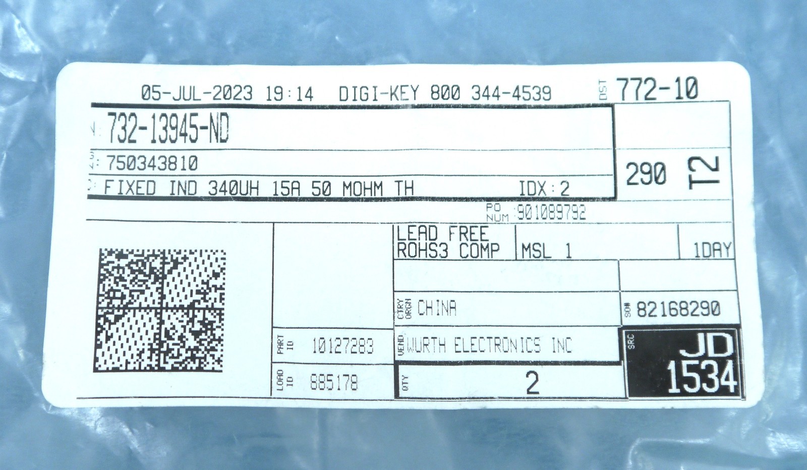 Digi-Key 732-13945-ND (750343810) 340UH, 15A, 50 MOHM TH Fixed Inductors (Qty-2)