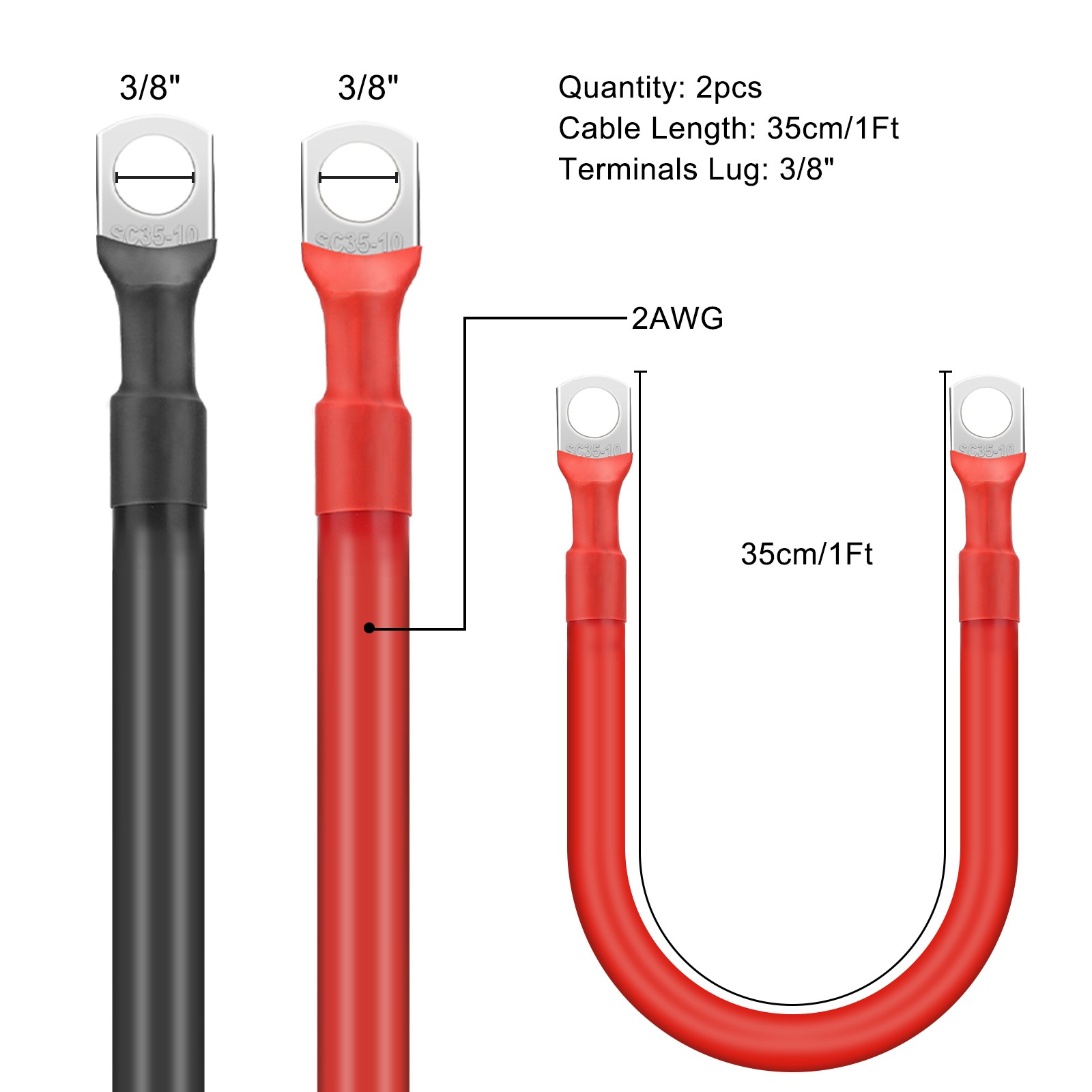 2PCS 2AWG Battery Cable with 3/8″ Tinned Copper Lugs Pure Copper RV Marine Solar