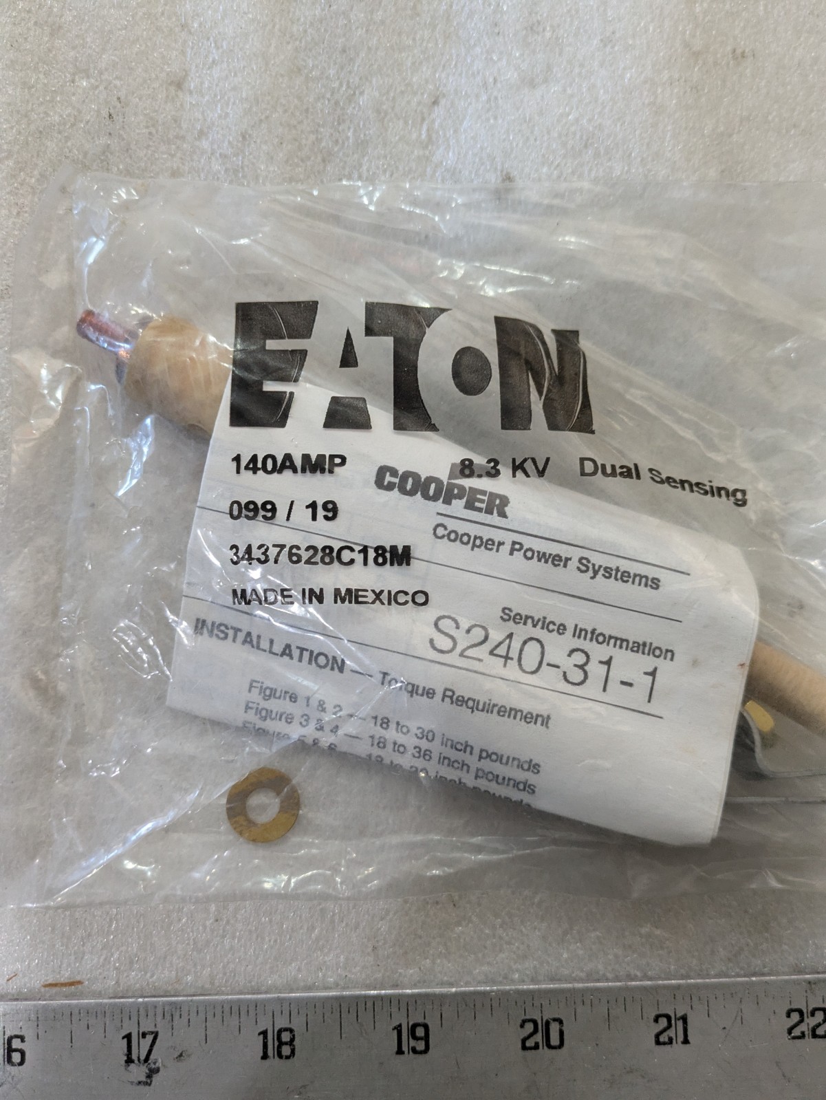 Eaton / Cooper Power Systems 3437628C18M – 140A, 8.3kV Dual Sensing Fuse (S240-3