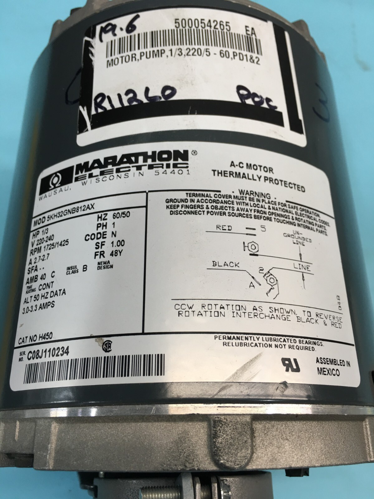 Marathon Electric 5KH32GNB812AX A-C Motor Pump, 1/3, 220/5-60, PD1&2, 132912