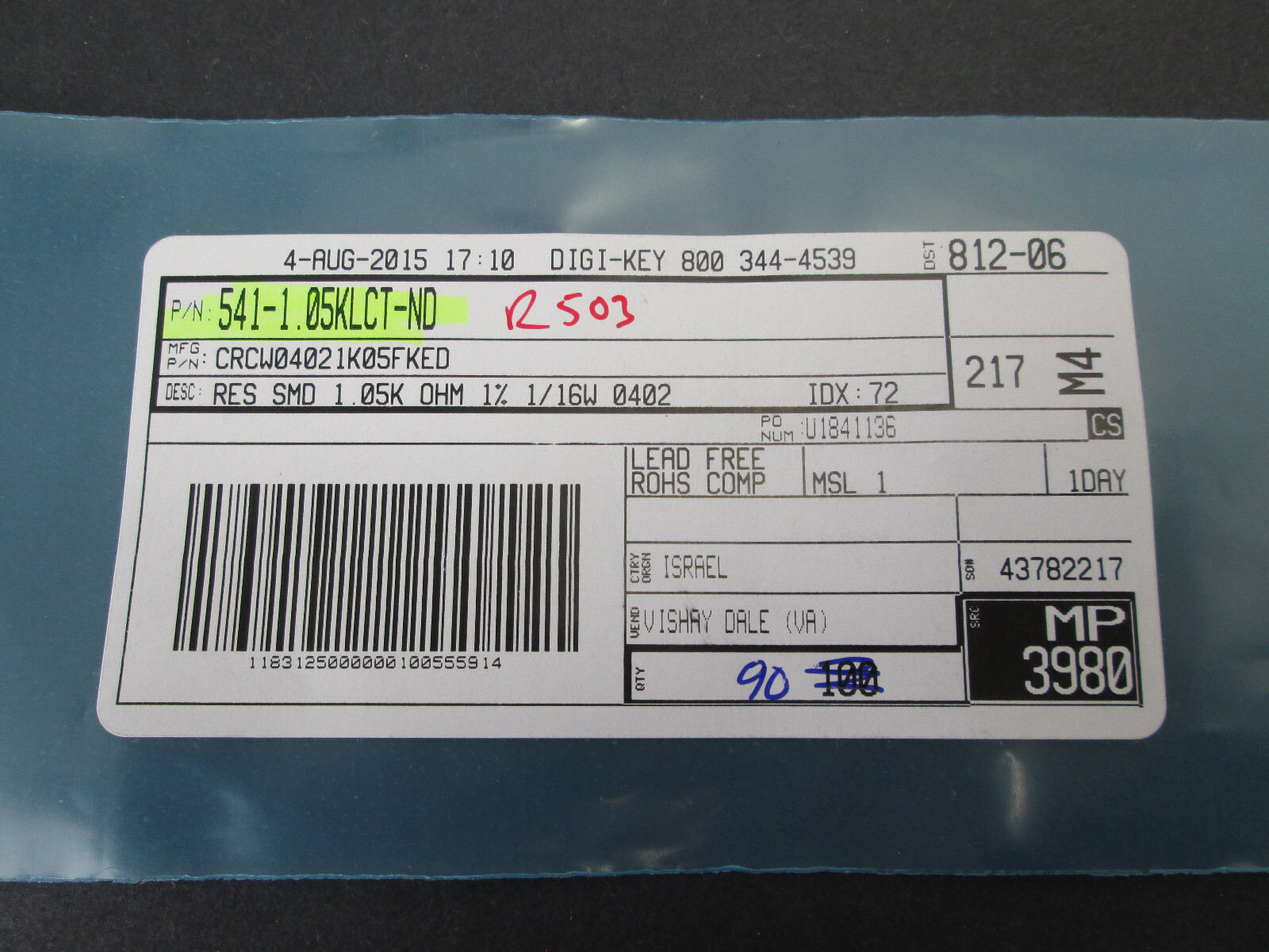 Lot of 90 Digi-Key Vishay Dale 1.05 kOhms ±1% 0.063W, 1/16W Chip Resistor 0402