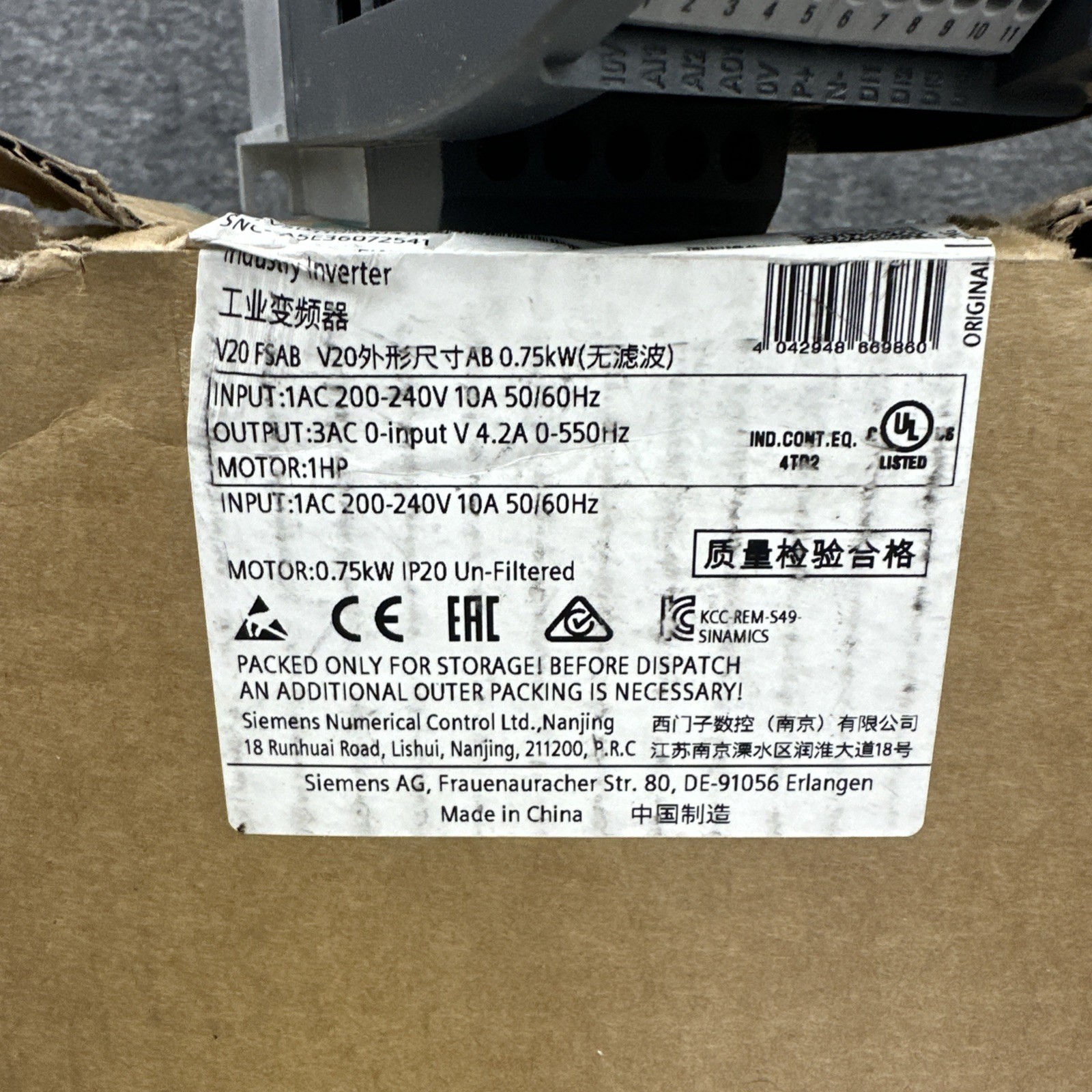 Siemens 6SL3210-5BB17-5UV1 Sinamics V20 1 Phase 200/240V 47-63HZ Converter OPEN