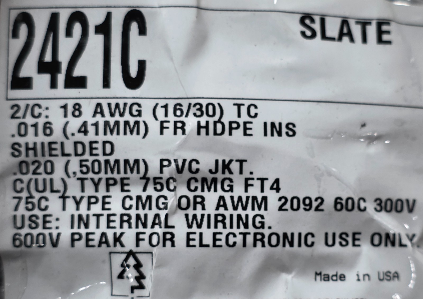Alpha Wire 2421C 18/1P Shielded Twist Pair Control/Computer Cable Gray /50ft