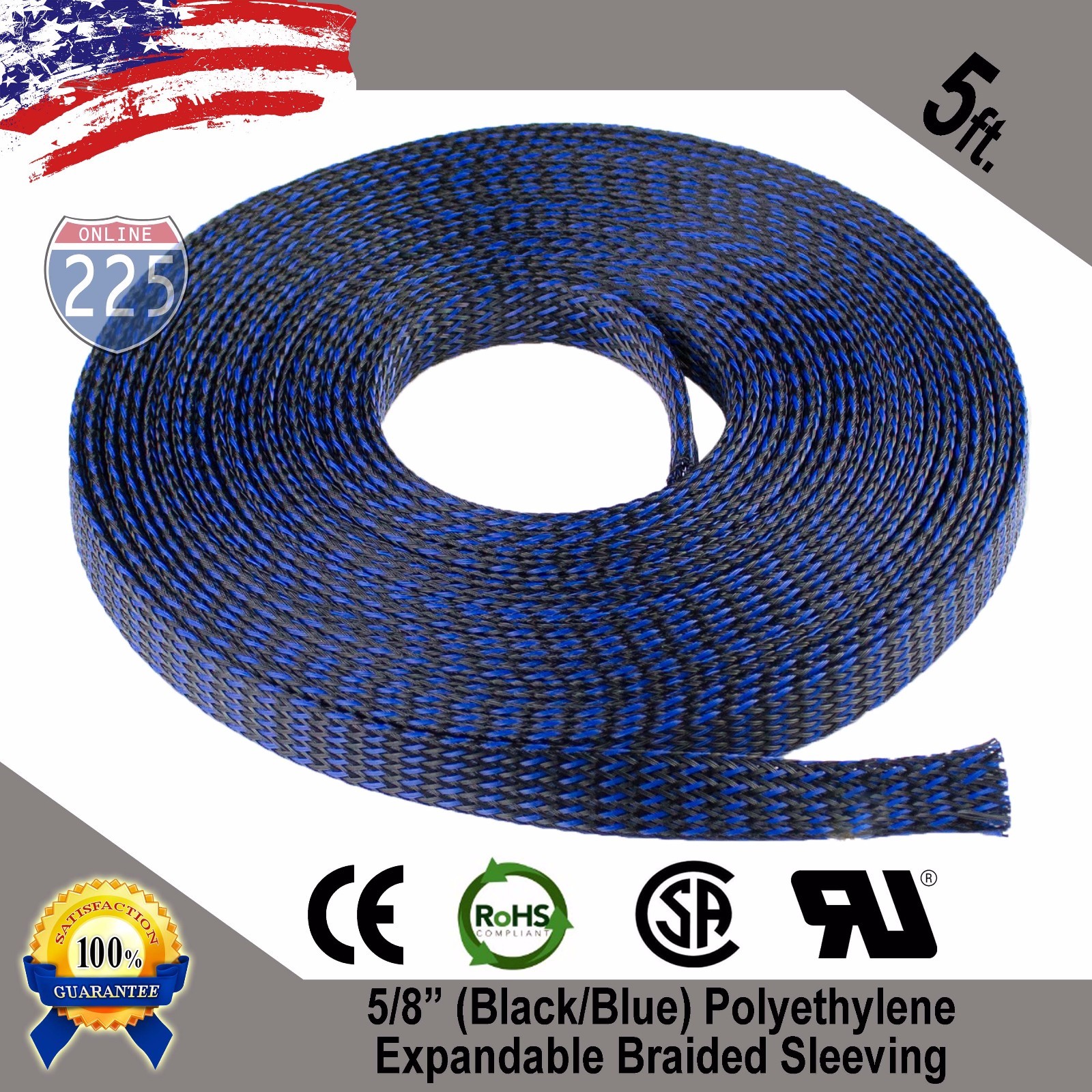 5 FT. 5/8″ Black Blue Expandable Wire Sleeving Sheathing Braided Loom Tubing US