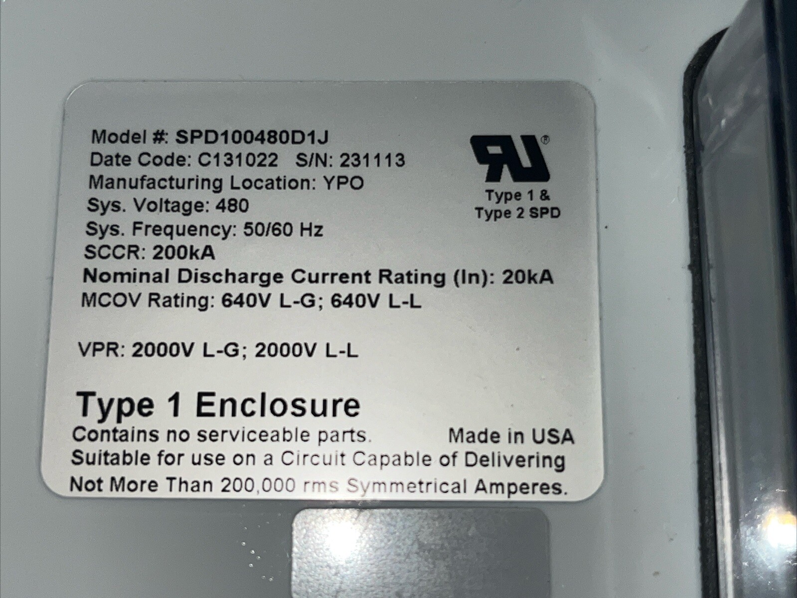 EATON SPD100480D1J SPD SERIES SURGE PROTECTIVE DEVICE SCCR:200kA, 480V60H 100kA