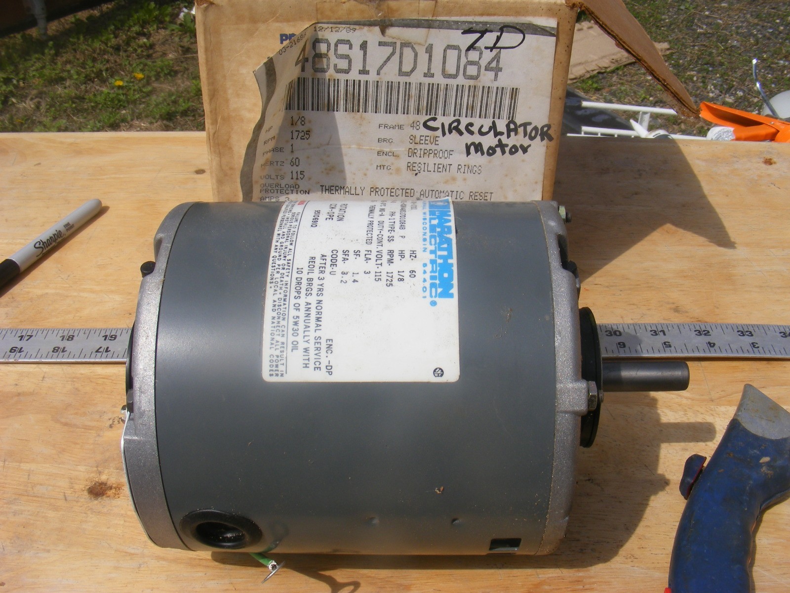 Marathon xqm48517d1084b 1/8HP Electric Motor 1725RPM 115v