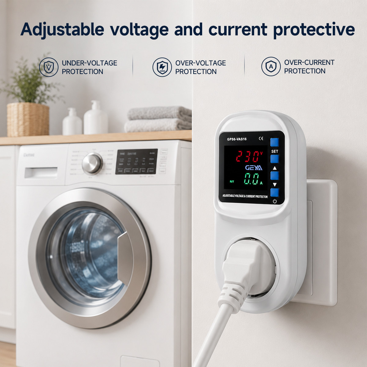 GEYA Over&Under Voltage Current Surge Protector Socket 16A AC220V EU Plug Socket