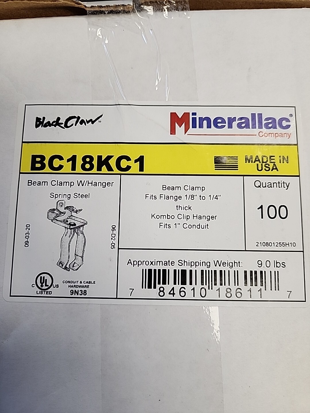 MINERALLAC BC18KC1, Hammer On Beam Clamp and Closed Conduit Clip Assembly, 100pc