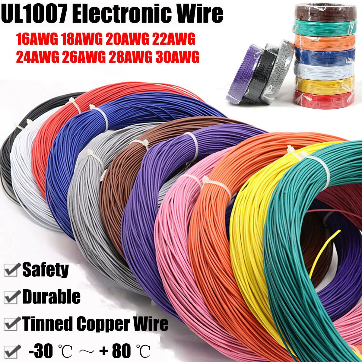 16AWG – 30AWG PVC Flexible Electronic Wire UL1007 Stranded Cable 11 Colors