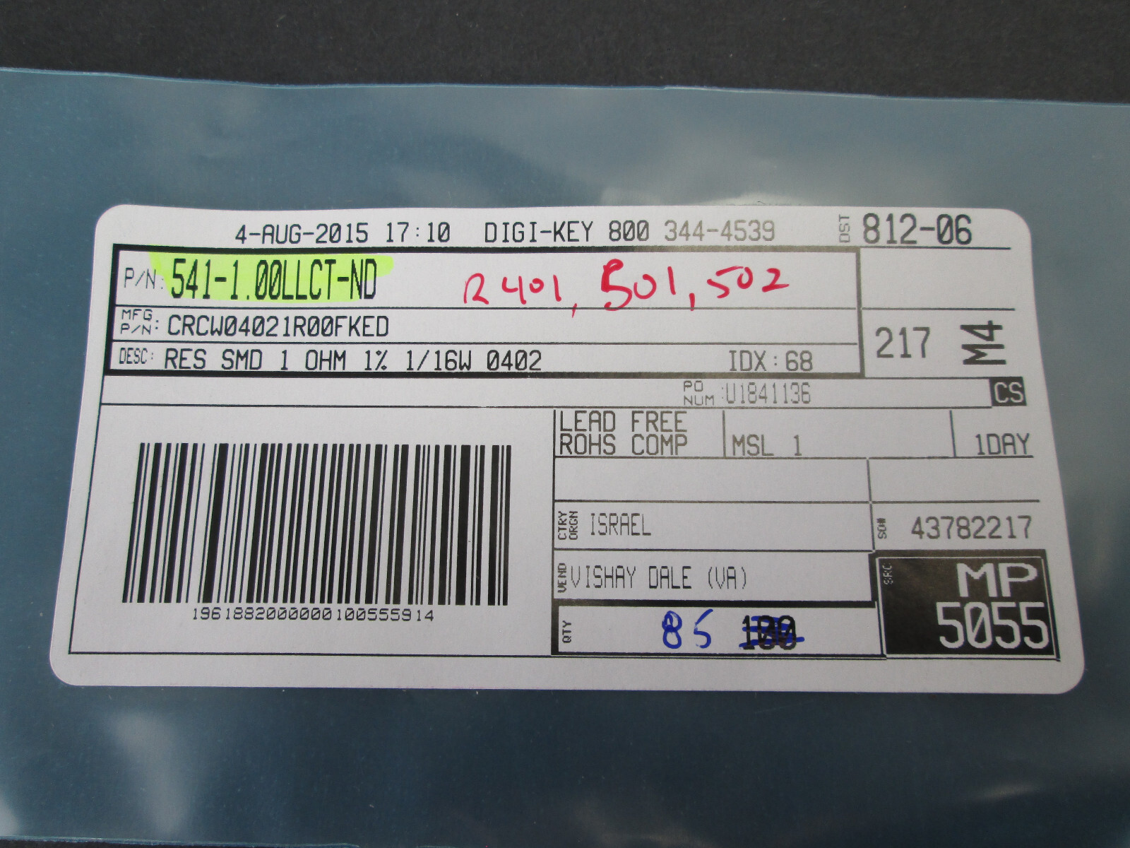Lot of 85 Digi-Key Vishay Dale 1 Ohms ±1% 0.063W, 1/16W Chip Resistor 0402 (1005