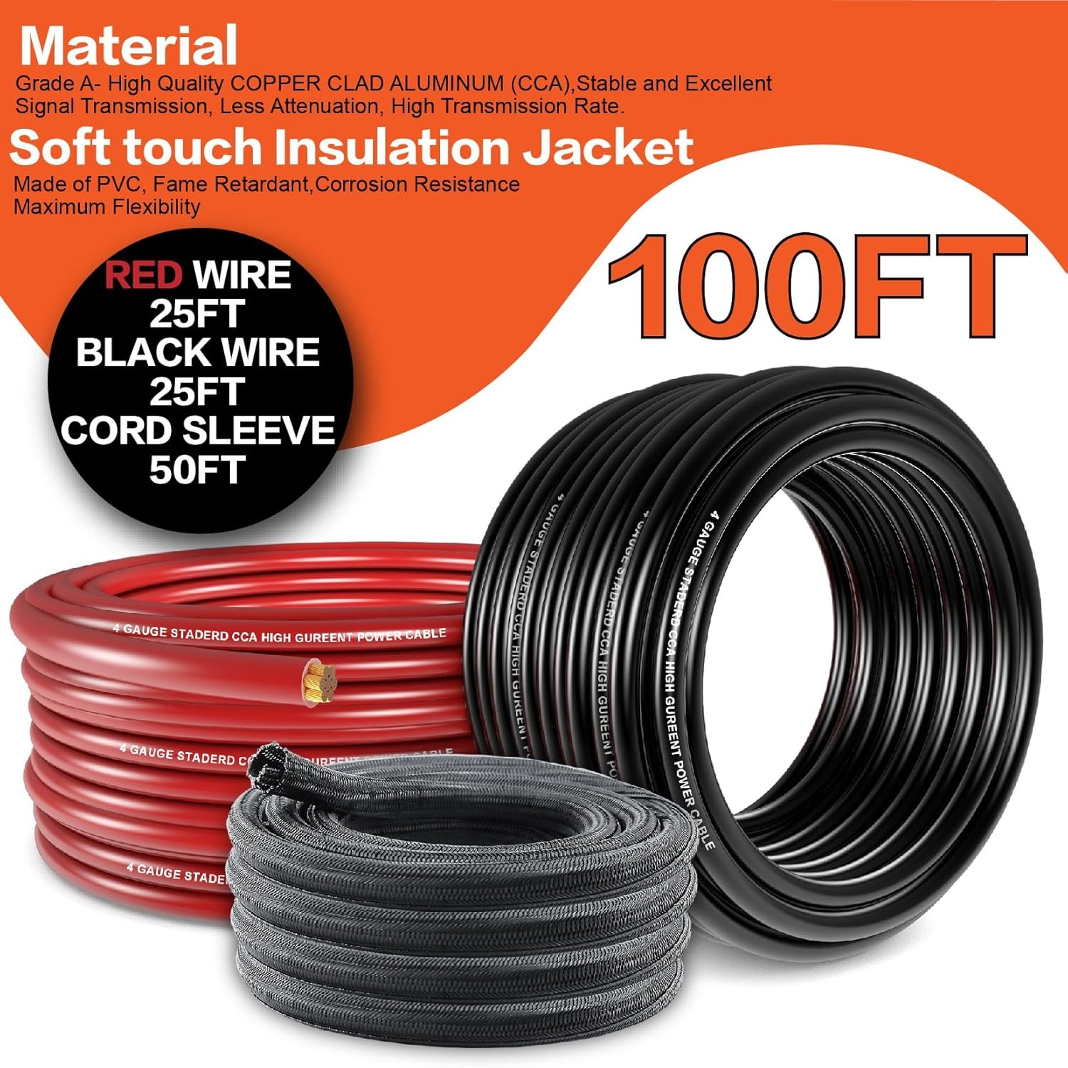 4 Gauge Wire(25ft Each – Red/Black) Copper Clad Aluminum 50FT W/Cable Sleeve
