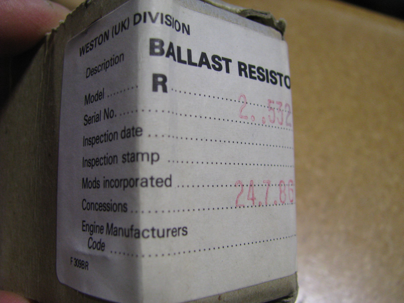 WESTON ( UK DIVISION ) BALLAST RESISTOR # R.2.532 NSN: 5905-00-105-9615