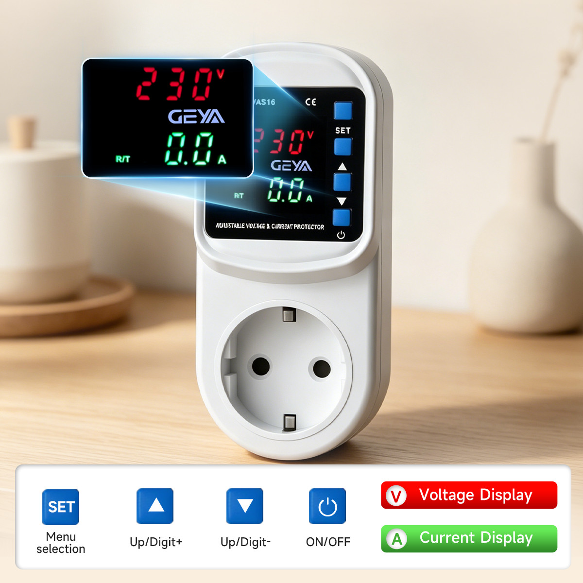 GEYA Over&Under Voltage Current Surge Protector Socket 16A AC220V EU Plug Socket