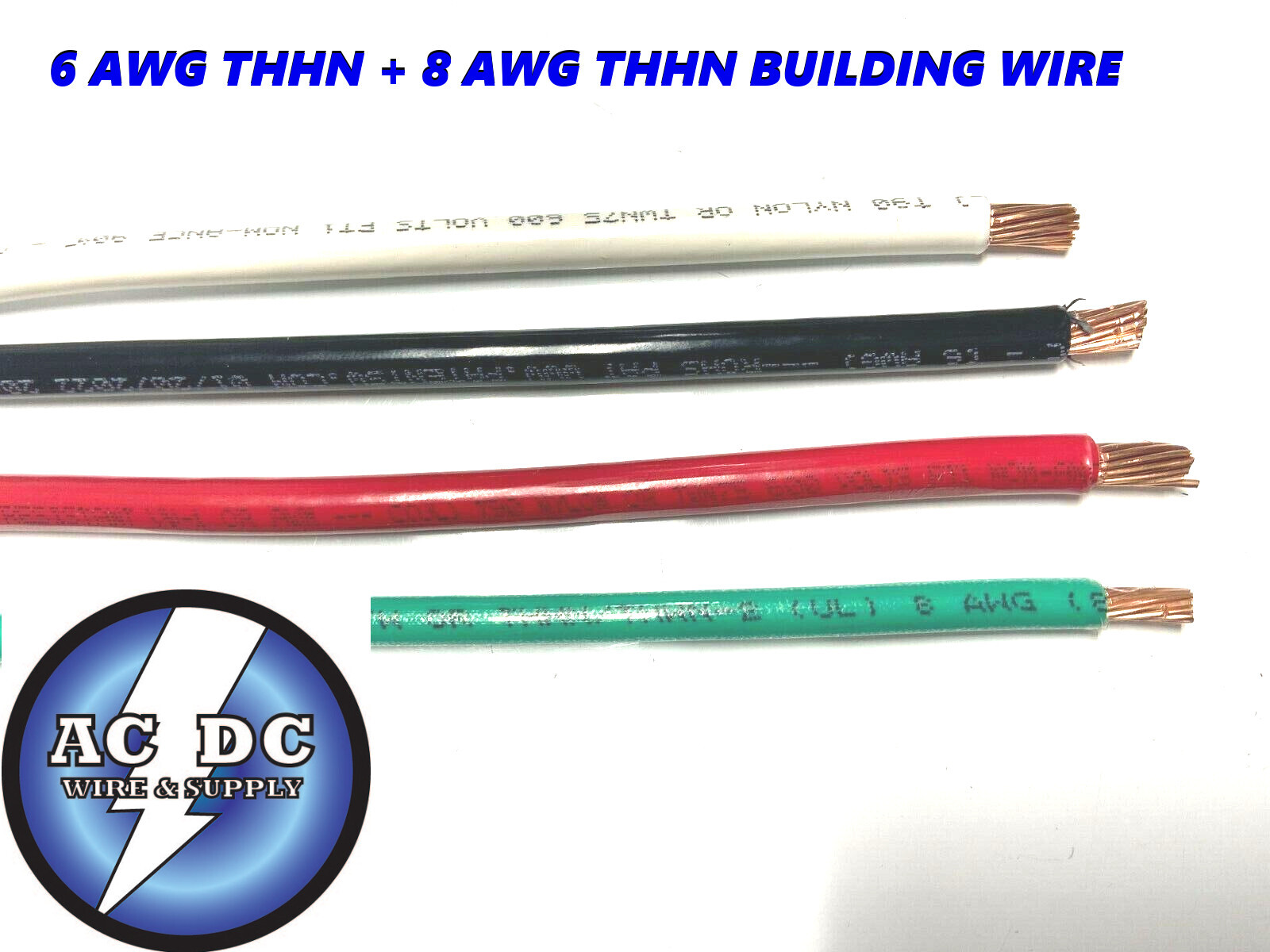 30′ EA THHN THWN 6 AWG GAUGE BLACK WHITE RED COPPER WIRE + 30 8 AWG GREEN