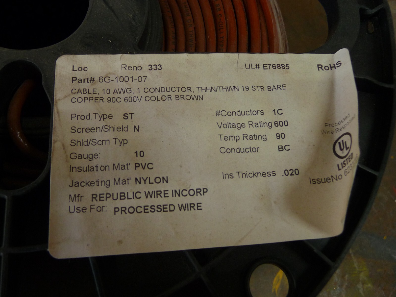 500′ Republic Wire Inc 10 AWG Solid Copper Brown Nylon Jacket Wire 600V