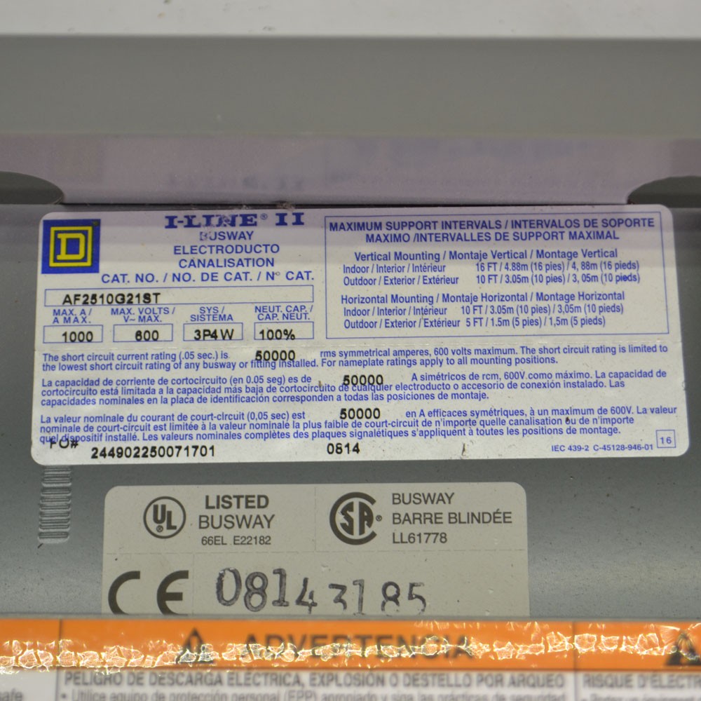Square D AF2510G21ST I-Line II Straight Busway Feeder 1000A 600V 3P4W Bus Way