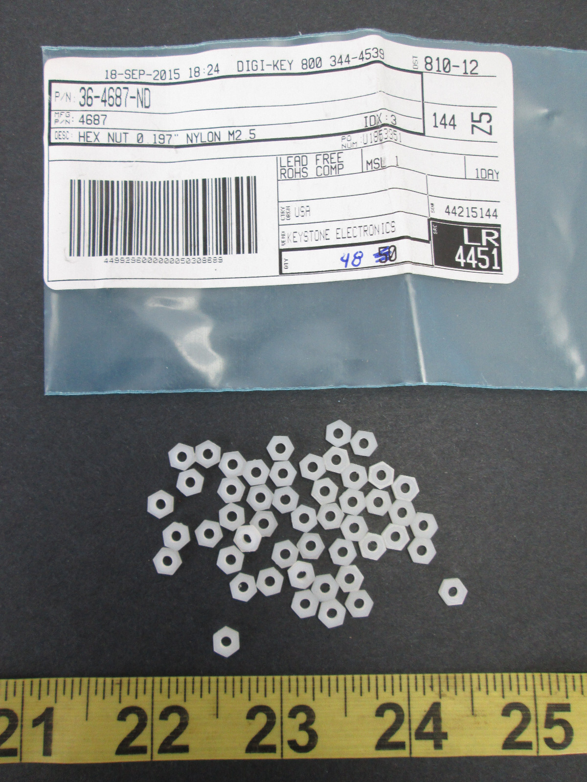 Lot of 48 Digi-Key Keystone Electronics Hex Nut 0.197″ Nylon M2.5 36-4687-ND