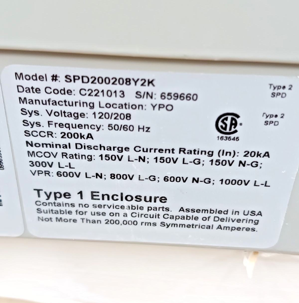 New Eaton SPD200208Y2K Surge Protective Device 120/208 Vac 200Ka SCCR