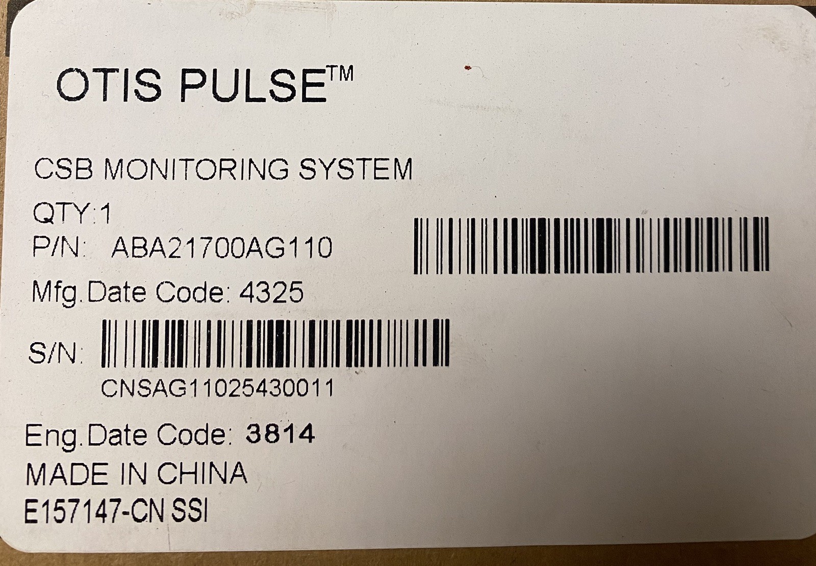 Otis Pulse Elevator Detection Devise / Monitoring System Model No. ABA21700AG110