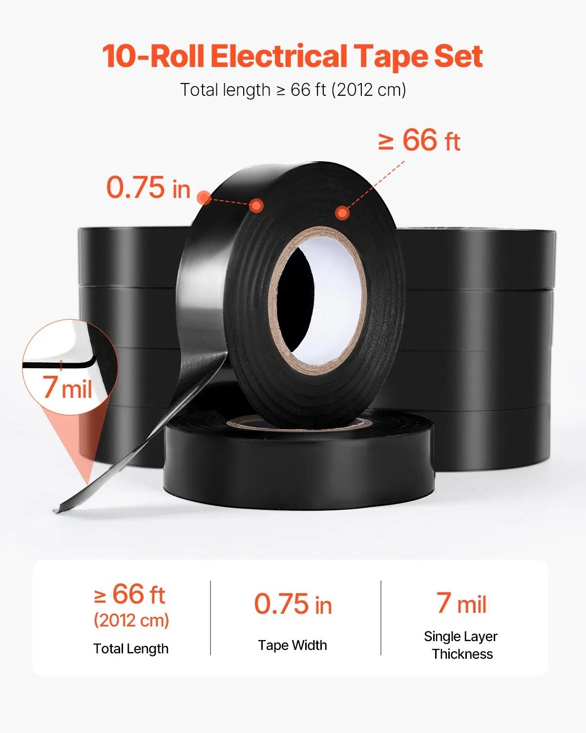 600V Electrical Tape, 10 Rolls, 3/4 in x 66 ft General Purpose PVC Insulating