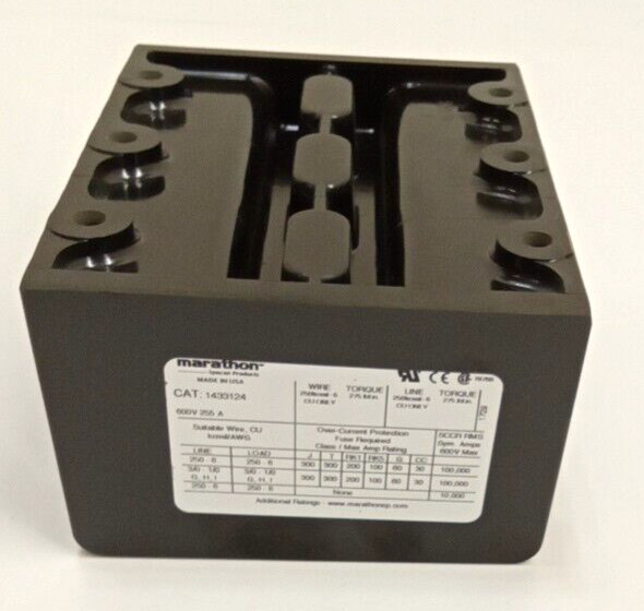 Marathon 1433124 Power Splicer Block CU 3Pole 600V AC/DC 255A 250kcmil #6 Copper