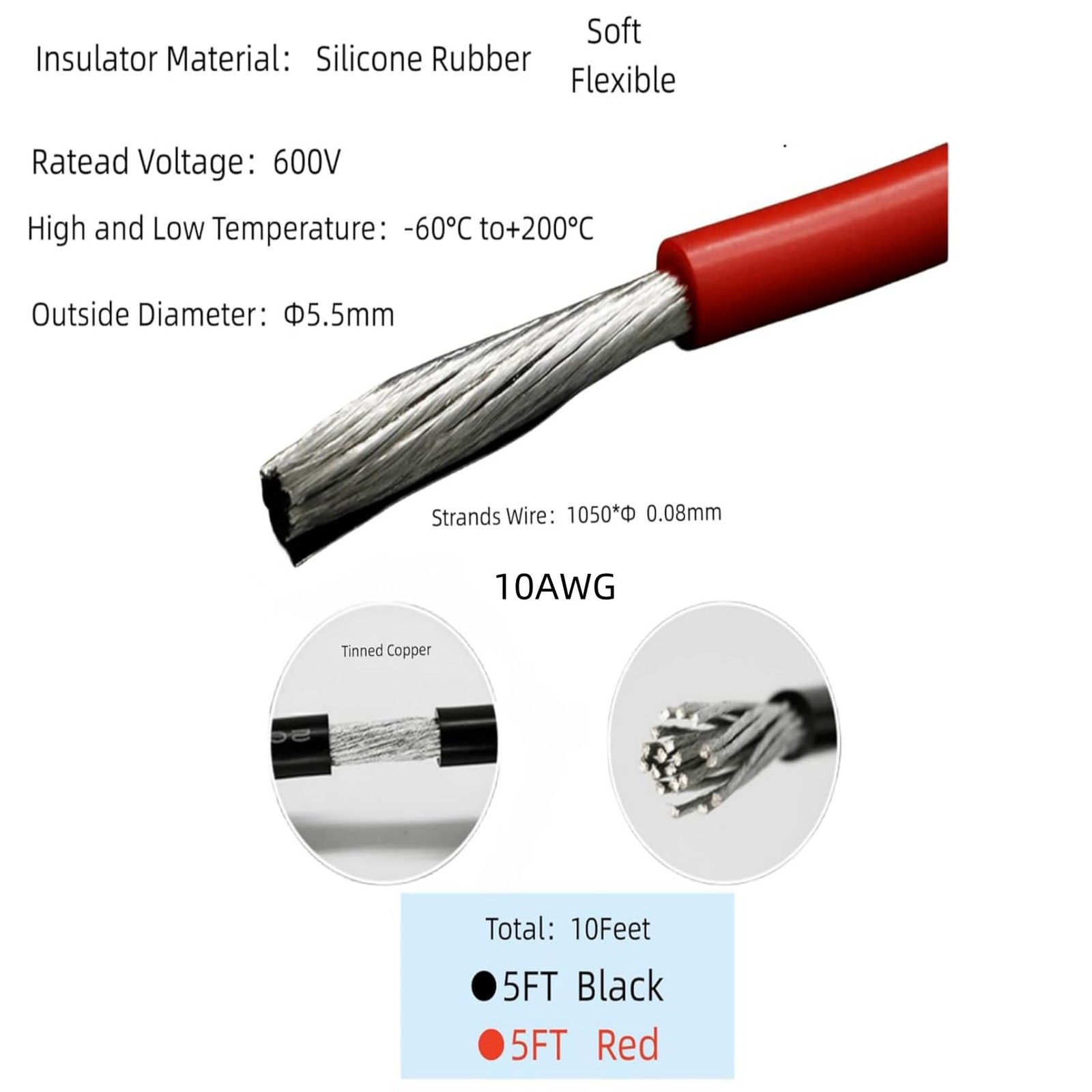 10 Gauge Wire, 10ft Flexible Tinned Copper, Battery Inverter, Black Red
