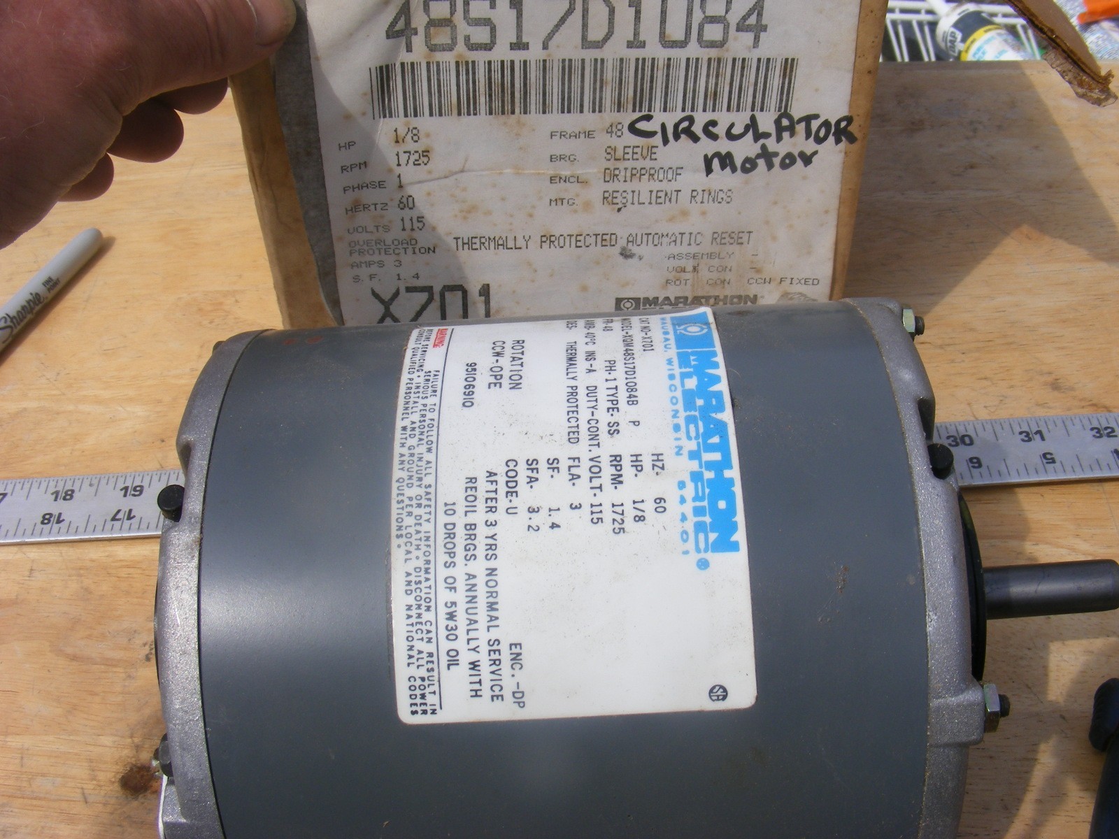 Marathon xqm48517d1084b 1/8HP Electric Motor 1725RPM 115v