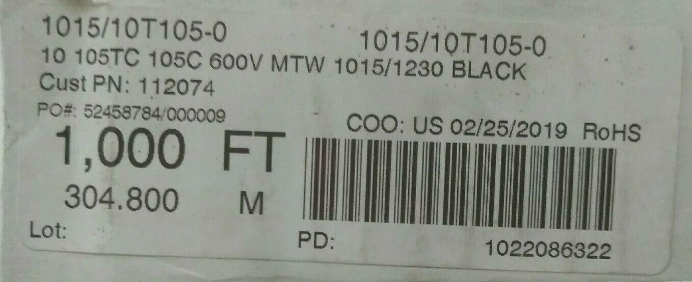 NEW 1015/10T105-0 10 105TC 105C 600V MTW 1015/1230 BLACK