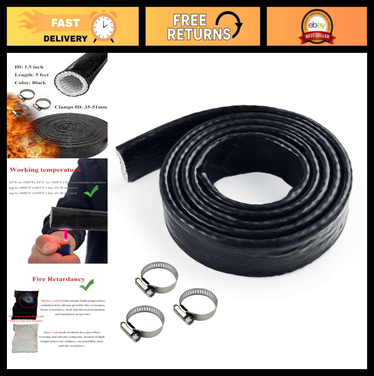 1.5″ ID Heat Shielded Fire Sleeve – Silicone Coated Fiberglass, 5FT, 3 Clamps –
