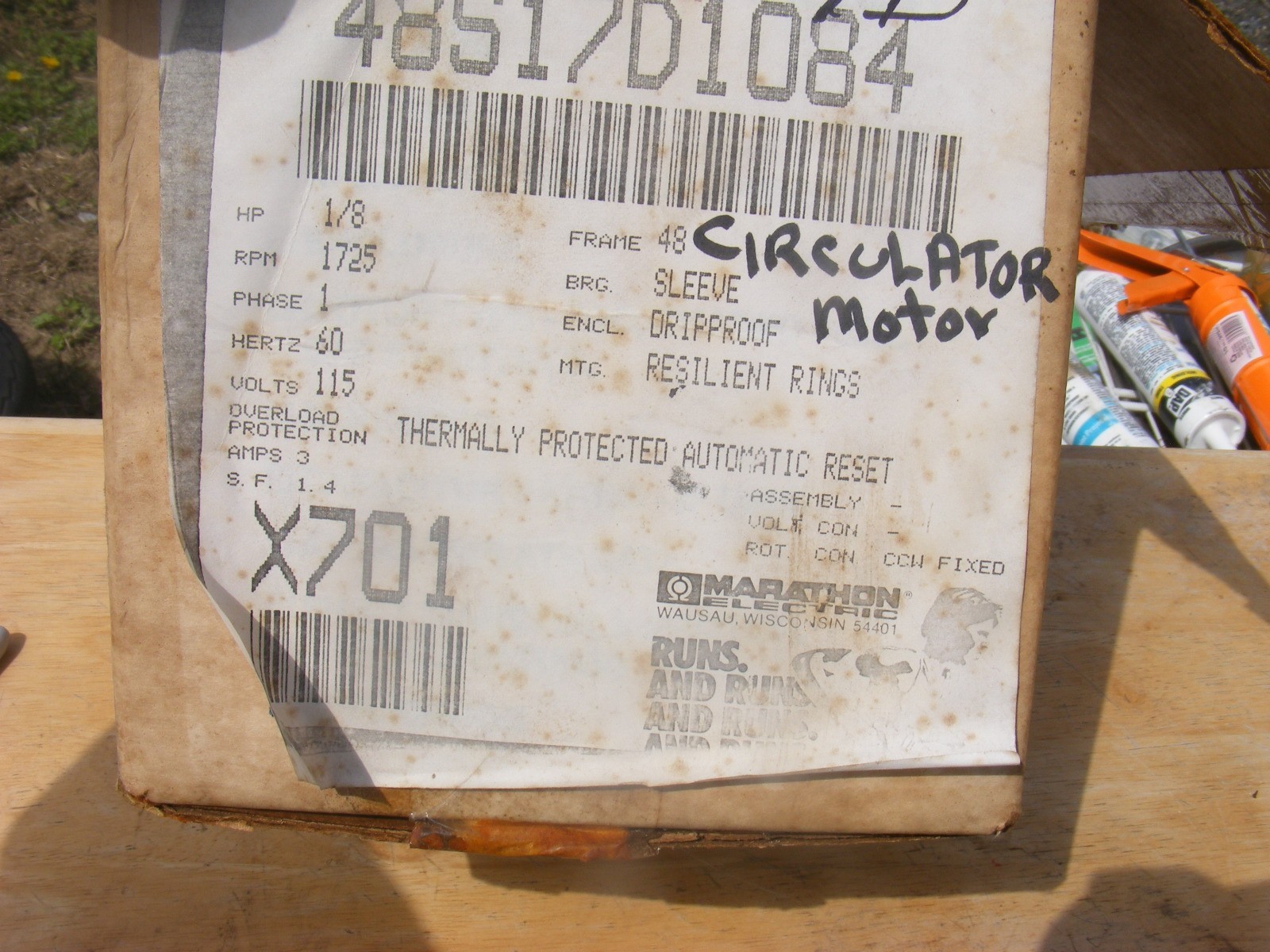 Marathon xqm48517d1084b 1/8HP Electric Motor 1725RPM 115v