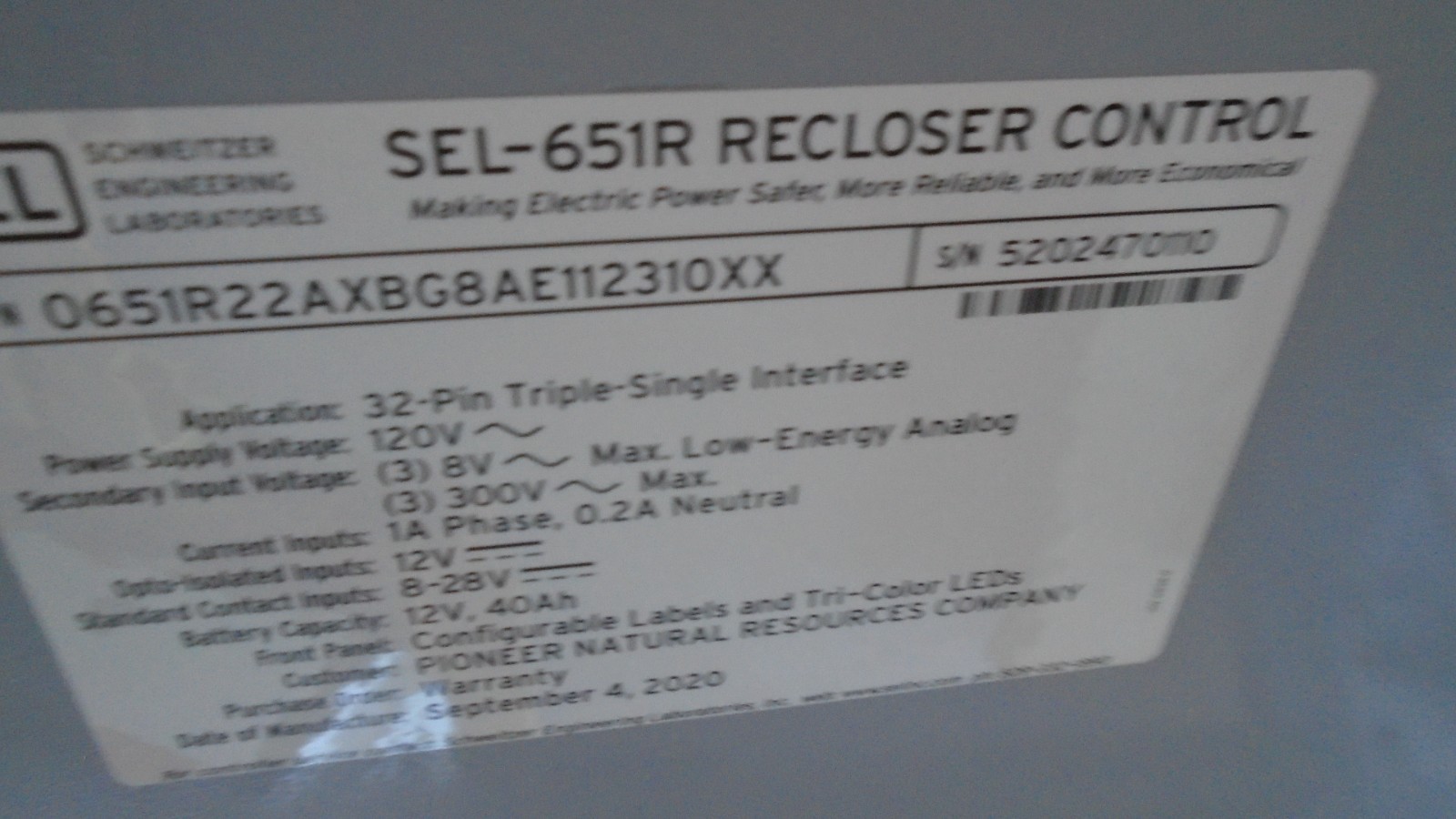 SEL-651R Recloser Control 0651R22AXBG8AE112310XX 32-Pin Triple-Single Interface