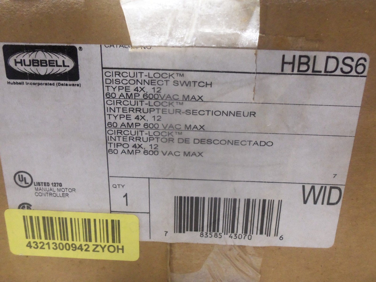 NEW HUBBELL HBLDS6 Circuit Lock Disconnect Switch Type 4x, 12 60A 600Vac Max