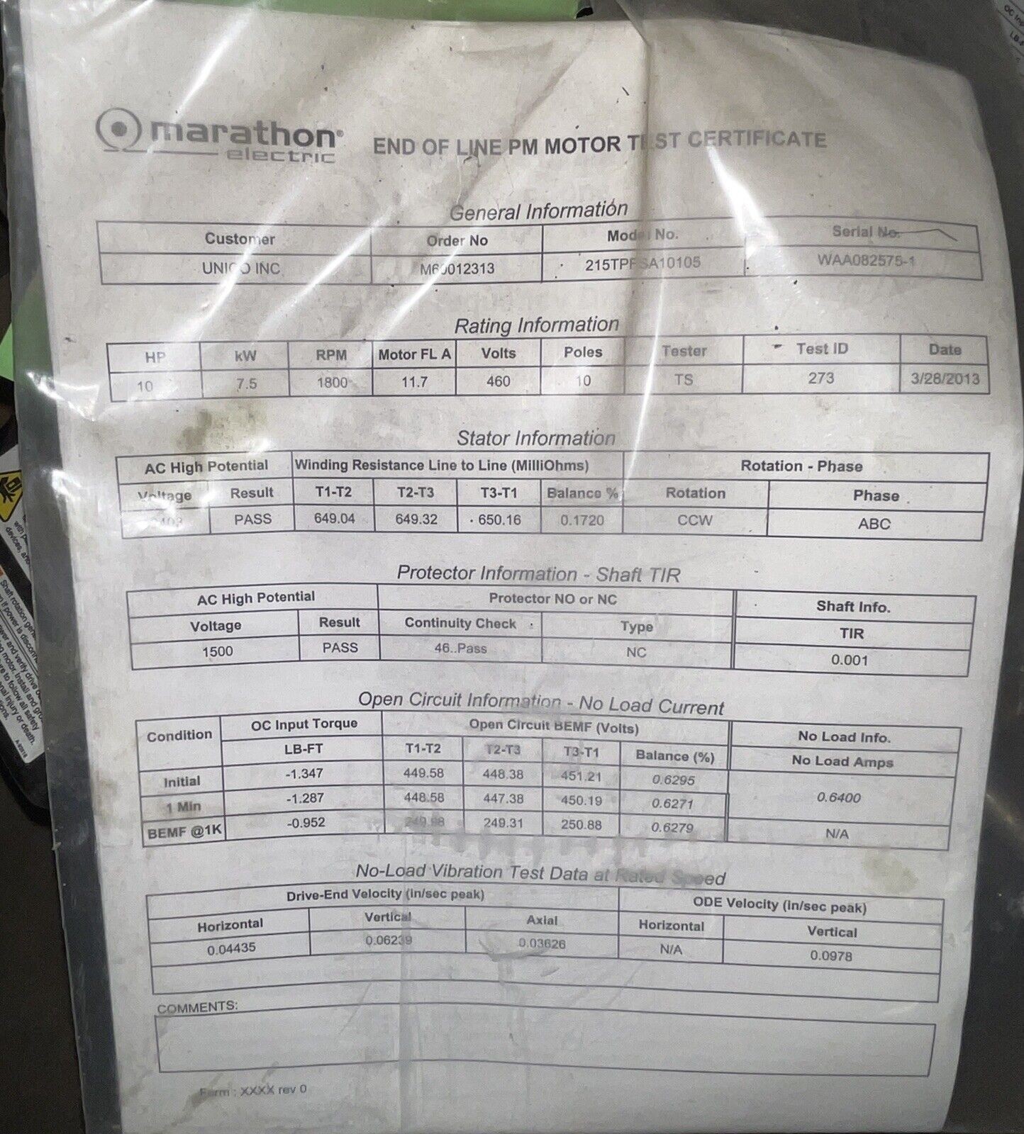 215TPFSA10105A MARATHON ELECTRIC MOTOR 10HP 460V 215TCV TEFC MOTOR