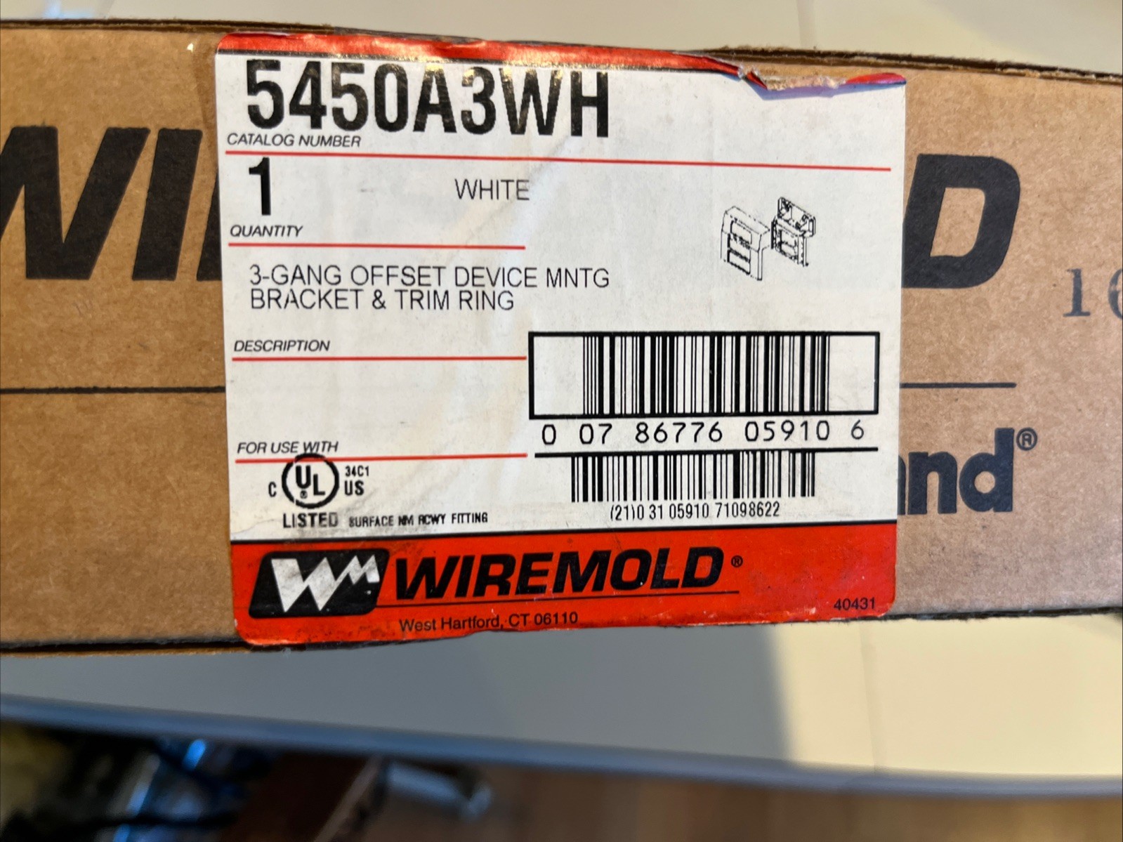 Wire mold 5450A3WH Three Gang Offset Device Mounting Bracket And Trim Ring.